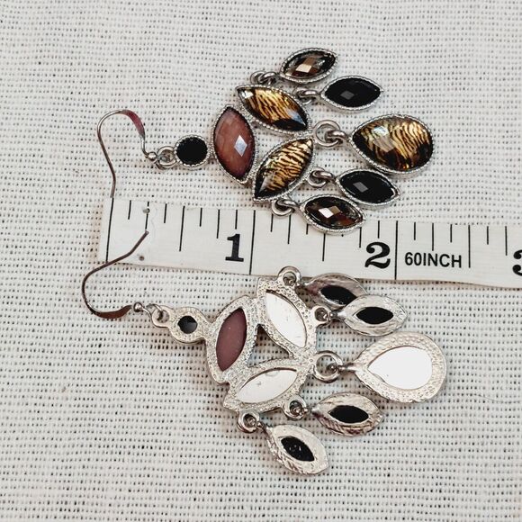 Chandelier Dangle Earrings Animal Print Gold Black Tan Faceted Lightweight - Picture 4 of 6